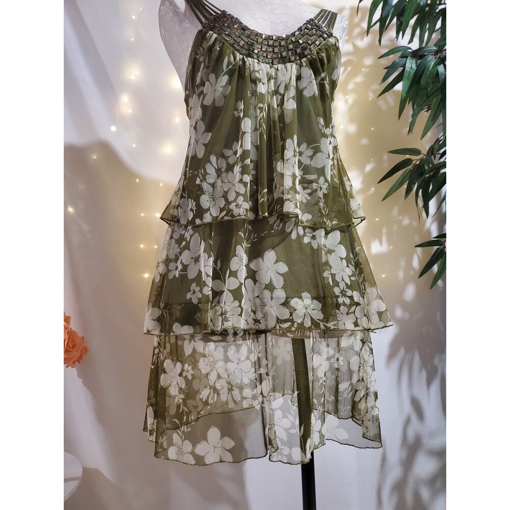 Kitty Vtg 90s Y2K Tiered Mesh Rhinestone Floral Mini Dress Size M Fairycore - Picture 2 of 9